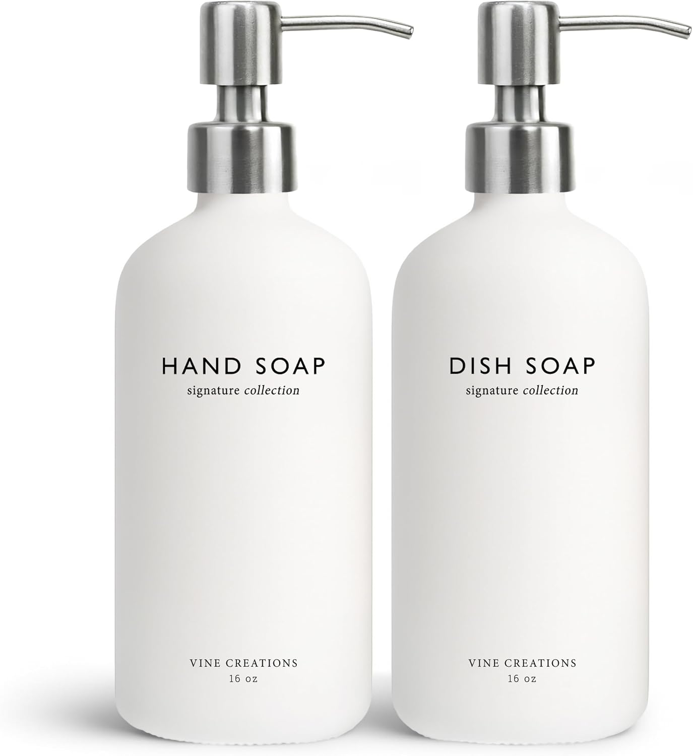 Vine Creations White Glass Soap Dispenser Set, Dish Soap and Hand Soap Dispenser Set with Stainless Steel Pump, 16 oz Glass Dispensers for Kitchen or Bathroom Decor (Matte White Bottle/Silver)