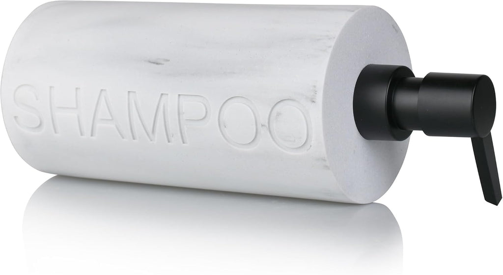 Matte White Shampoo Dispenser Modern Refillable Pump Bottle with Embossed Text, Durable Resin Construction for Bathroom and Kitchen