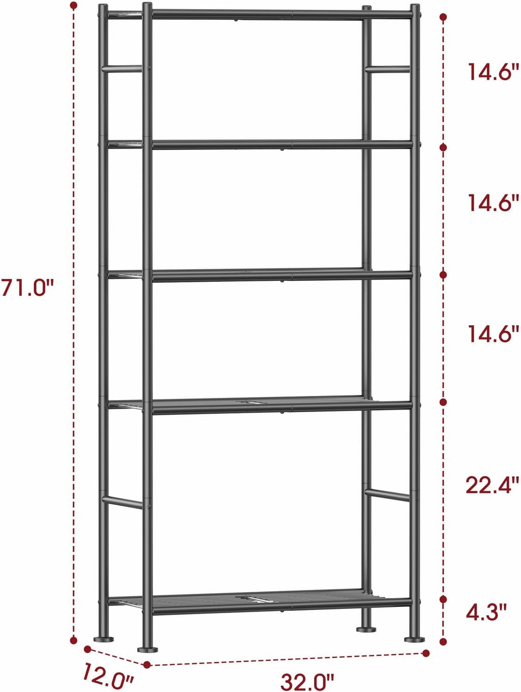 Storage Shelves - 5 Tier Shelf Organizer, Sturdy Metal Garage Shelving with Adjustable Leveling Feet, Space-Saving Shelves Organizer for Pantry, Laundry, Kitchen (32" x 12" x 71", Black)