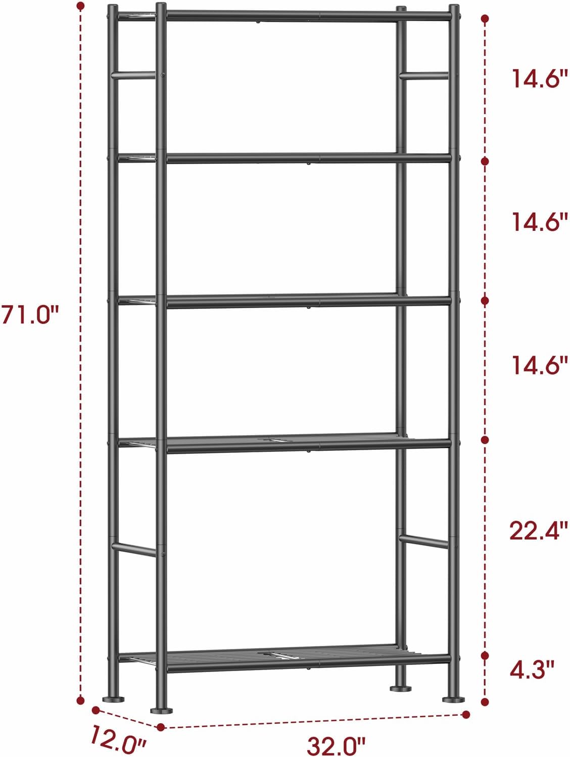 Storage Shelves - 5 Tier Shelf Organizer, Sturdy Metal Garage Shelving with Adjustable Leveling Feet, Space-Saving Shelves Organizer for Pantry, Laundry, Kitchen (32" x 12" x 71", Black)