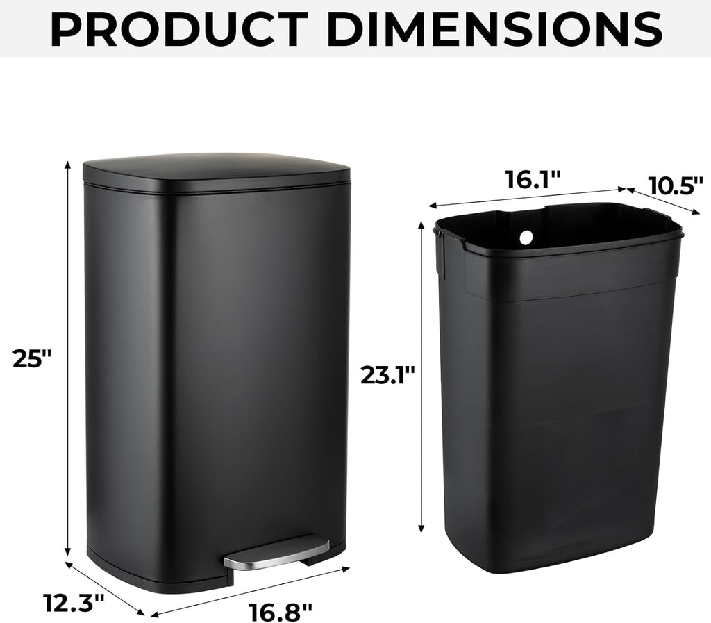 13.2 Gal Kitchen Trash Can, 50L Recycling or Garbage Bin, Brushed Stainless Steel Waste Basket, Soft&Quiet Close Dustbin, with Step-On Pedal, Removable Inner Bucket, for Home, Office, LIving Room