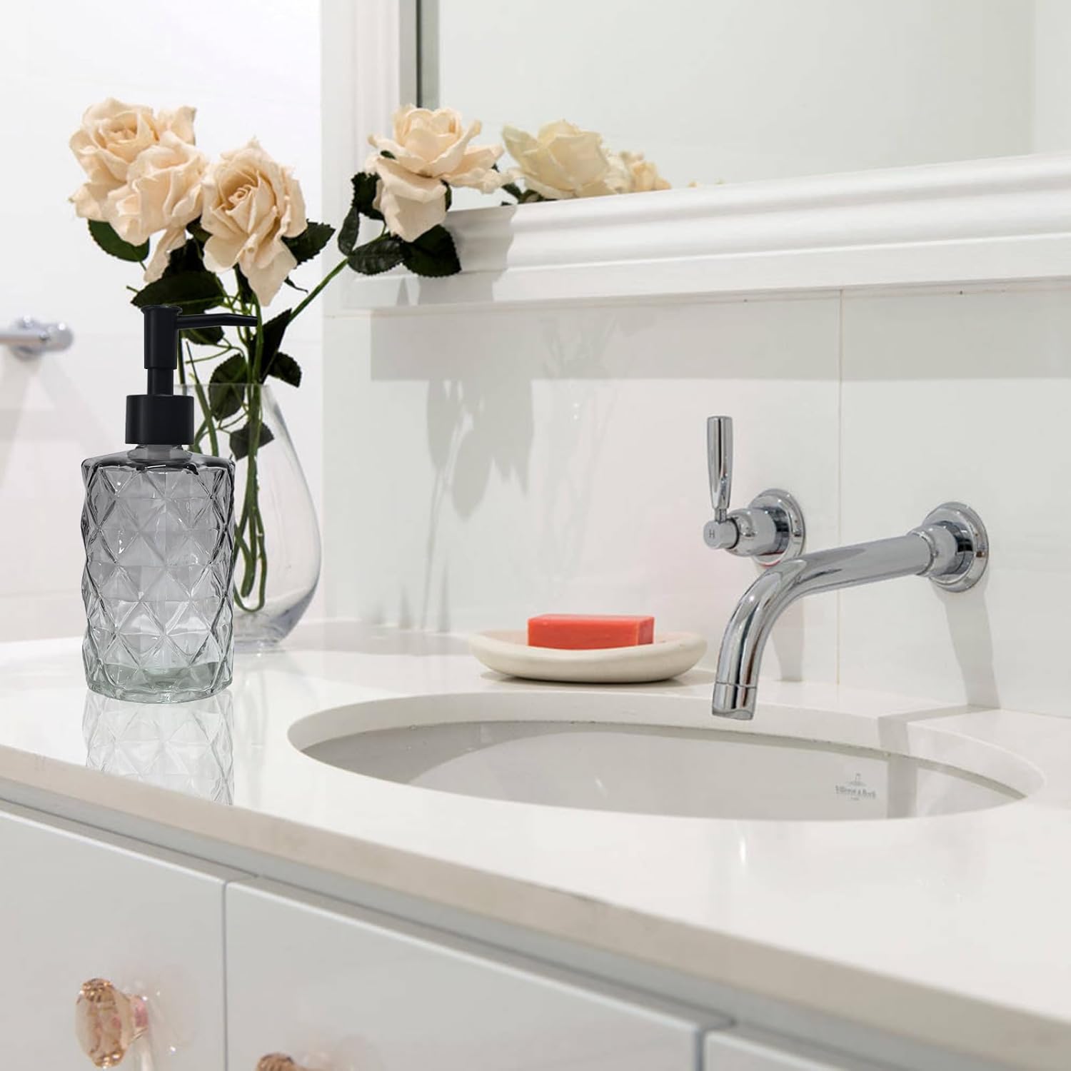 Crystal Glass Soap Dispenser, 12oz Gradient Grey Bathroom Hand Dispenser, Lotion Dispenser with Black Plastic Pump for Modern Home Decor, Kitchen Countertop, Hotel