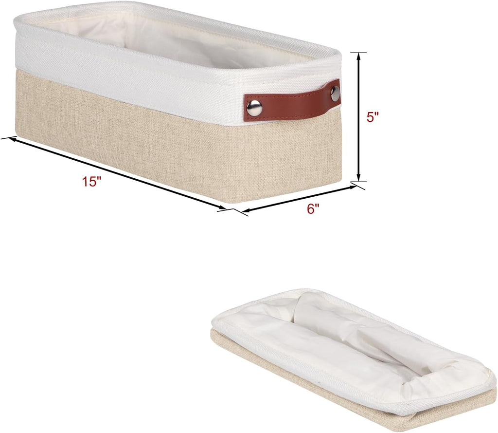 Univivi 4PC Long Narrow Storage Baskets, Small Fabric Storage Bins with PU Handles for Closet,Cabinet,Countertop Organizing Small Items(Khaki-15x6x5 inch)