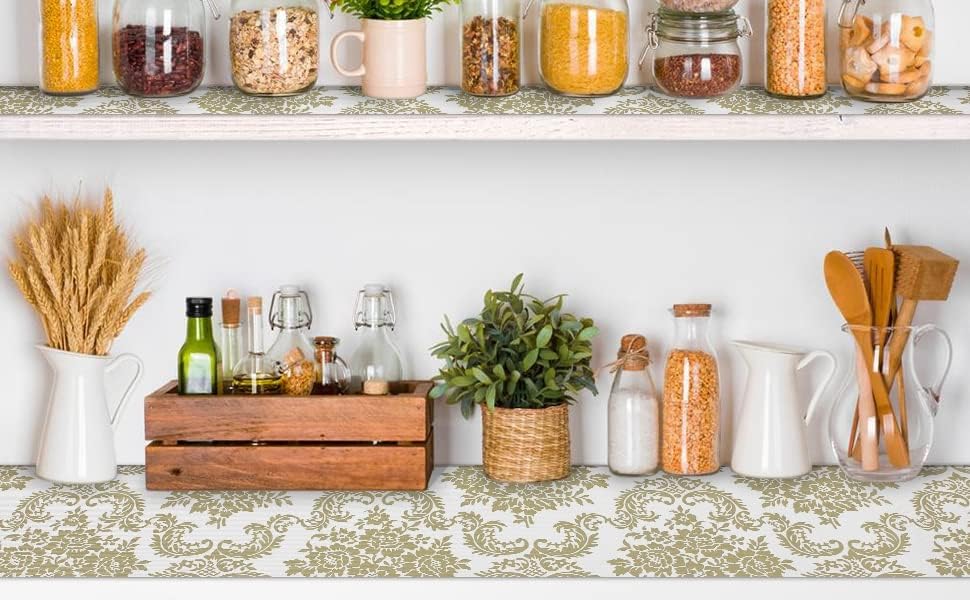 12 x 360 Inch Gold Shelf Liner for Kitchen Cabinets Non Adhesive Kitchen Drawer Liner, Waterproof Shelf Liner Durable Anti-Slip for Kitchen Cabinets Shelf Liner