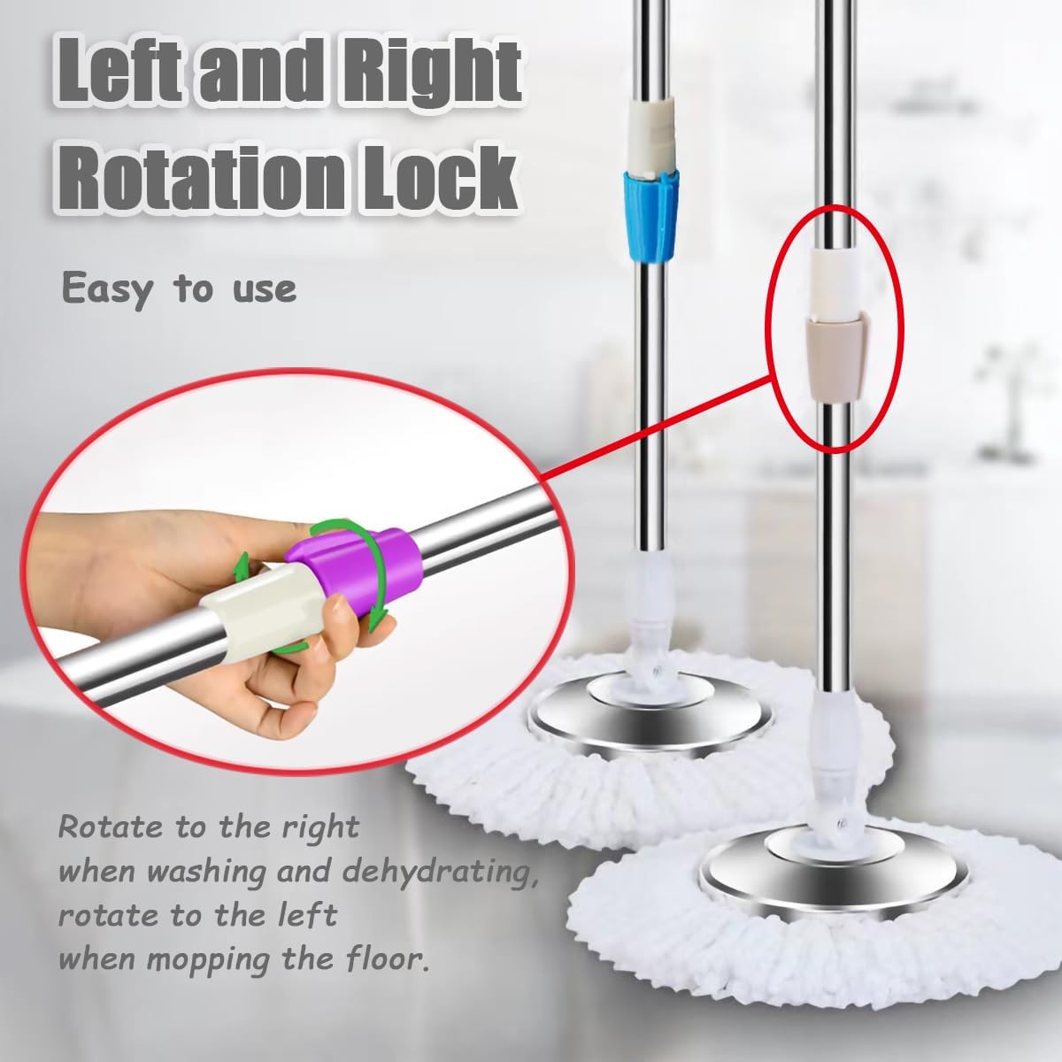 Extended Spin Mop Replacement Mop Handle, Upgraded 60-inch 360 Degrees Rotating Telescopic Replacement Mop Stick for Spin Mop Bucket Cleaning System (Stainless Steel Disc, Purple)