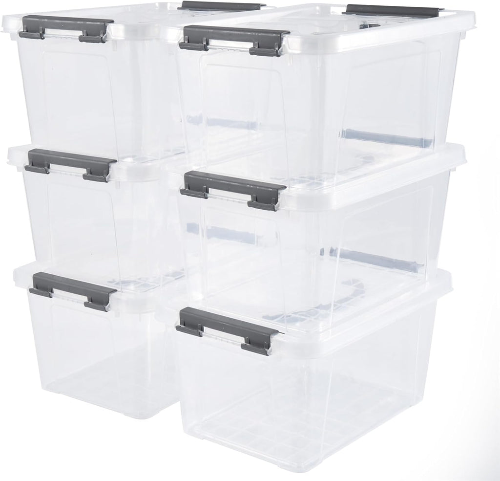 6 Quart Plastic Stackable Storage Latch Bins,Clear Latching Box with Handle and Lid,Pack of 6 (Grey Handle)