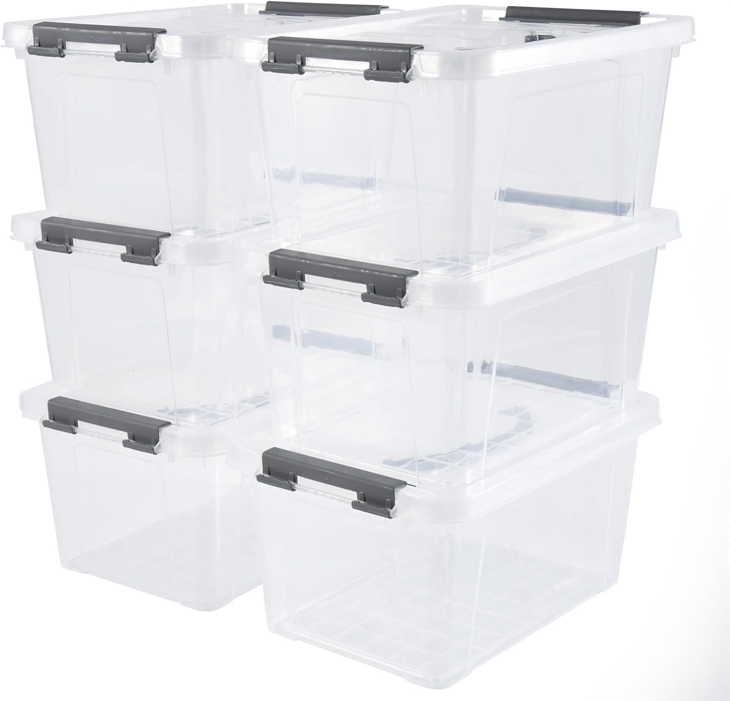 6 Quart Plastic Stackable Storage Latch Bins,Clear Latching Box with Handle and Lid,Pack of 6 (Grey Handle)