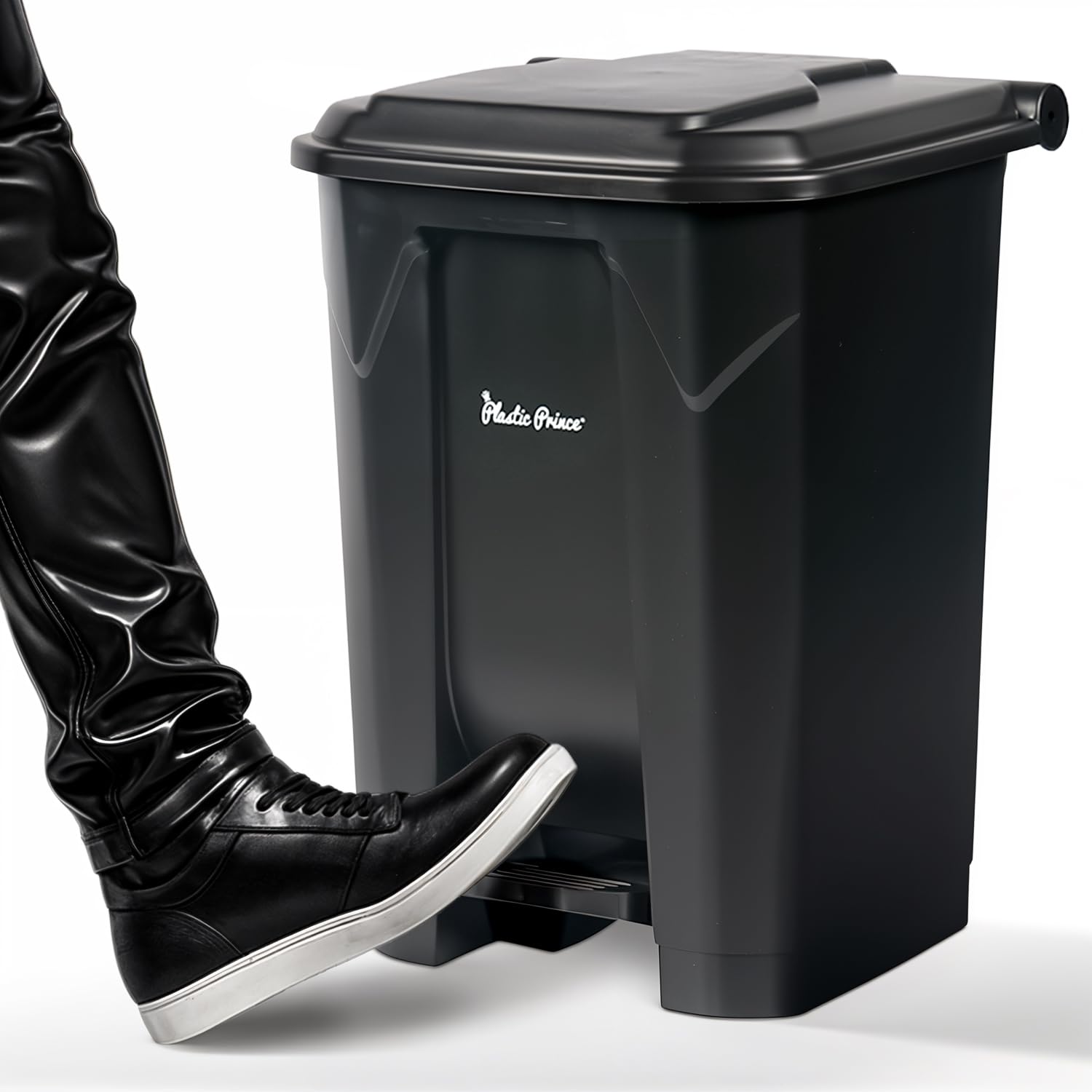 14 Gallon Step-On Trash Can/Container, Black Plastic Dustbin with Lid and Foot Pedal, Hands-Free Disposal