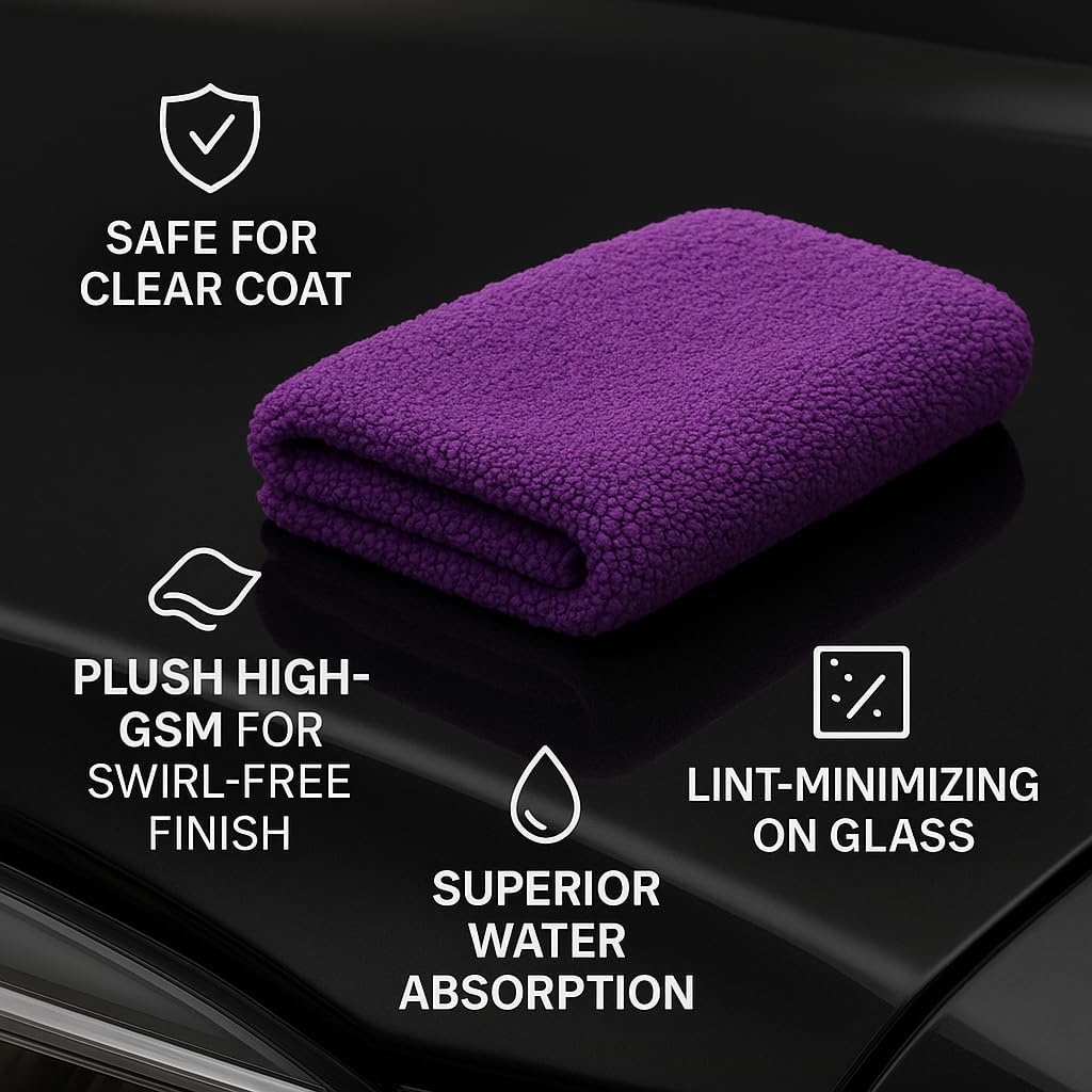 Paks - Edgeless Microfiber Towels 4-Pack - Car Detailing Wash Cloths for Cleaning - 16x16 Car Drying Towel - Lint Free Auto Rags for Polishing & Buffing - Purple & Grey Cleaning Supplies