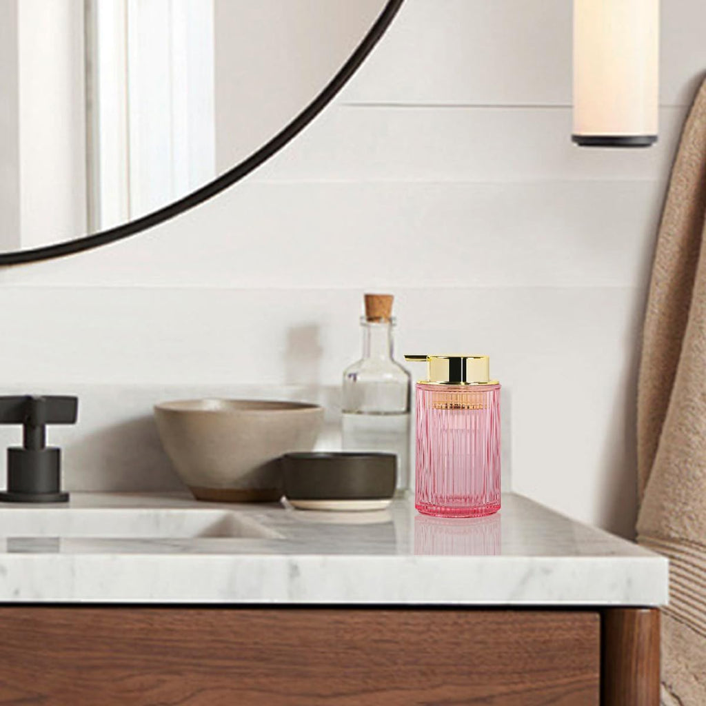 Pink Foaming Soap Dispenser, 12 Oz Glass Foaming Hand Soap Dispenser with Gold Pump, Bathroom Refillable Liquid Lotion Container Pump Ribbed Bottle for Kitchen Bathroom Decor, 1pc