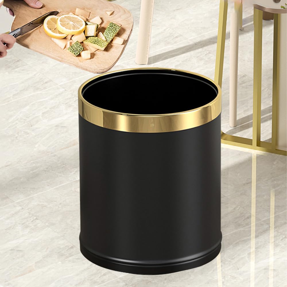 14L/3.7GAL Black and Gold Open Top Trash Can - Metal Office Wastebasket Without Lid for Office, Hotel, Store, Restaurant