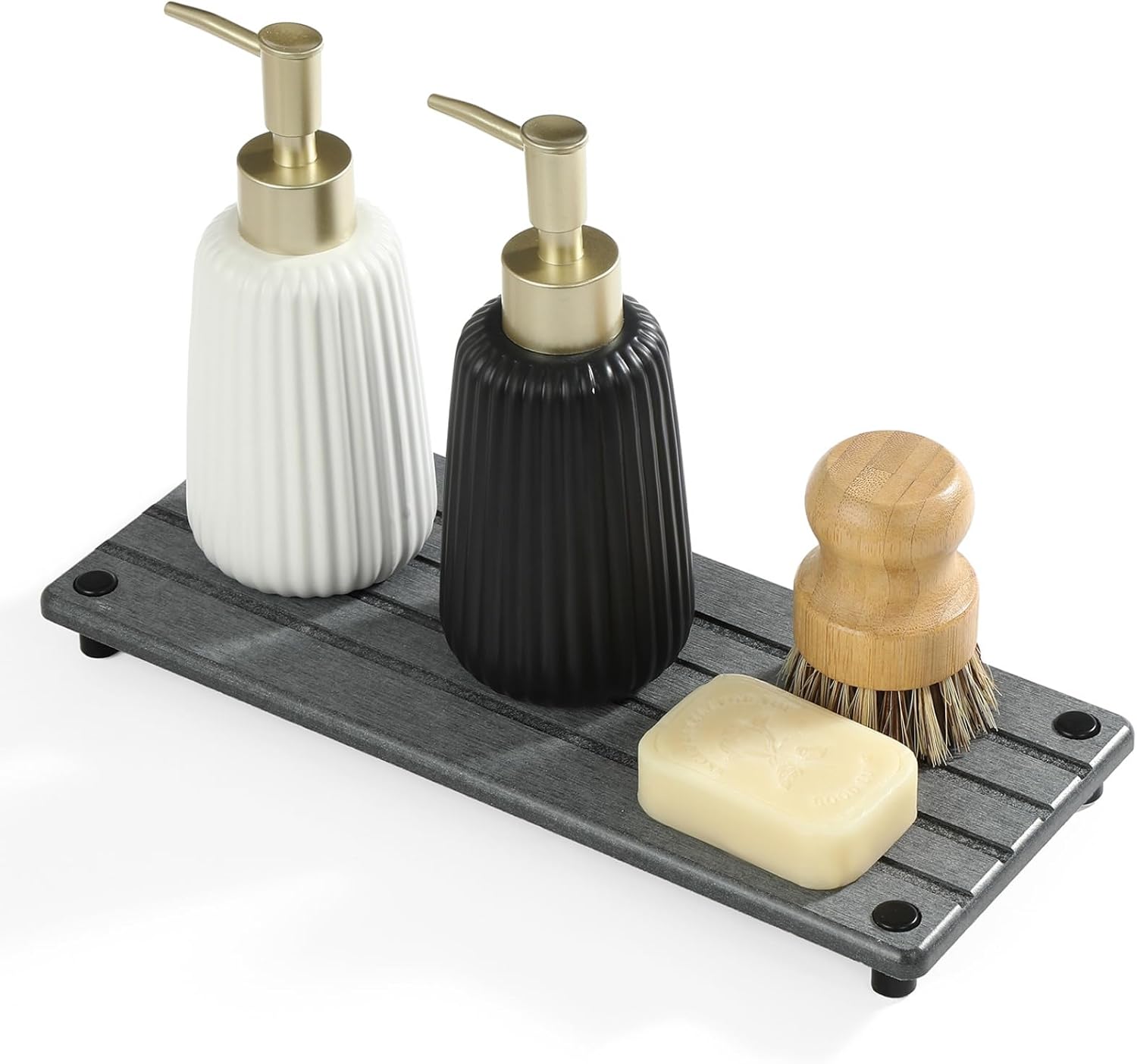 Instant Dry Sink Caddy Kitchen Sink Organizer, Quick Drying Stone Tray Diatomite Sponge Holder Soap Dish, Bathroom Countertop Fast Dry Water Absorbing Vanity Rack, Dark Gray,12" x 5"