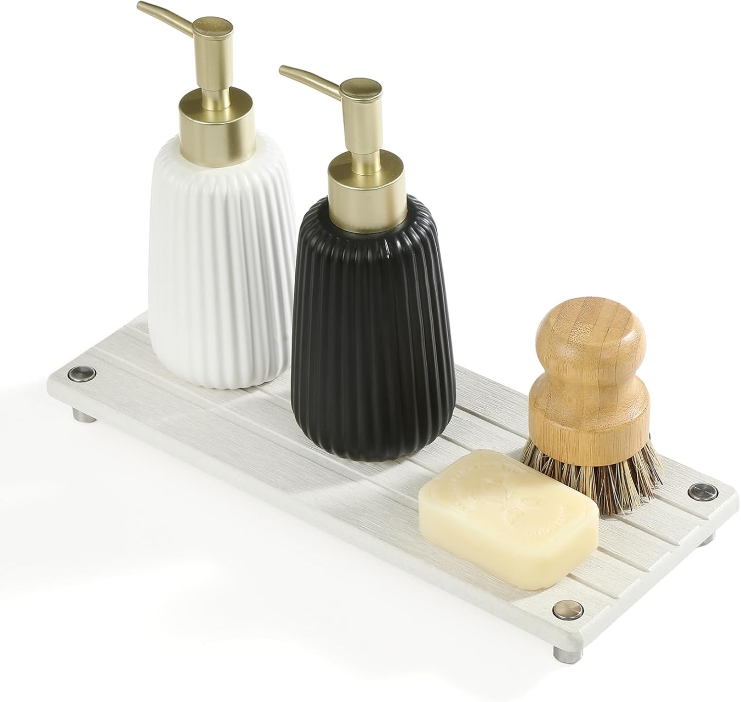 Instant Dry Sink Caddy Kitchen Sink Organizer, Quick Drying Stone Tray Diatomite Sponge Holder Soap Dish, Bathroom Countertop Fast Dry Water Absorbing Vanity Rack, Beige,12" x 5"