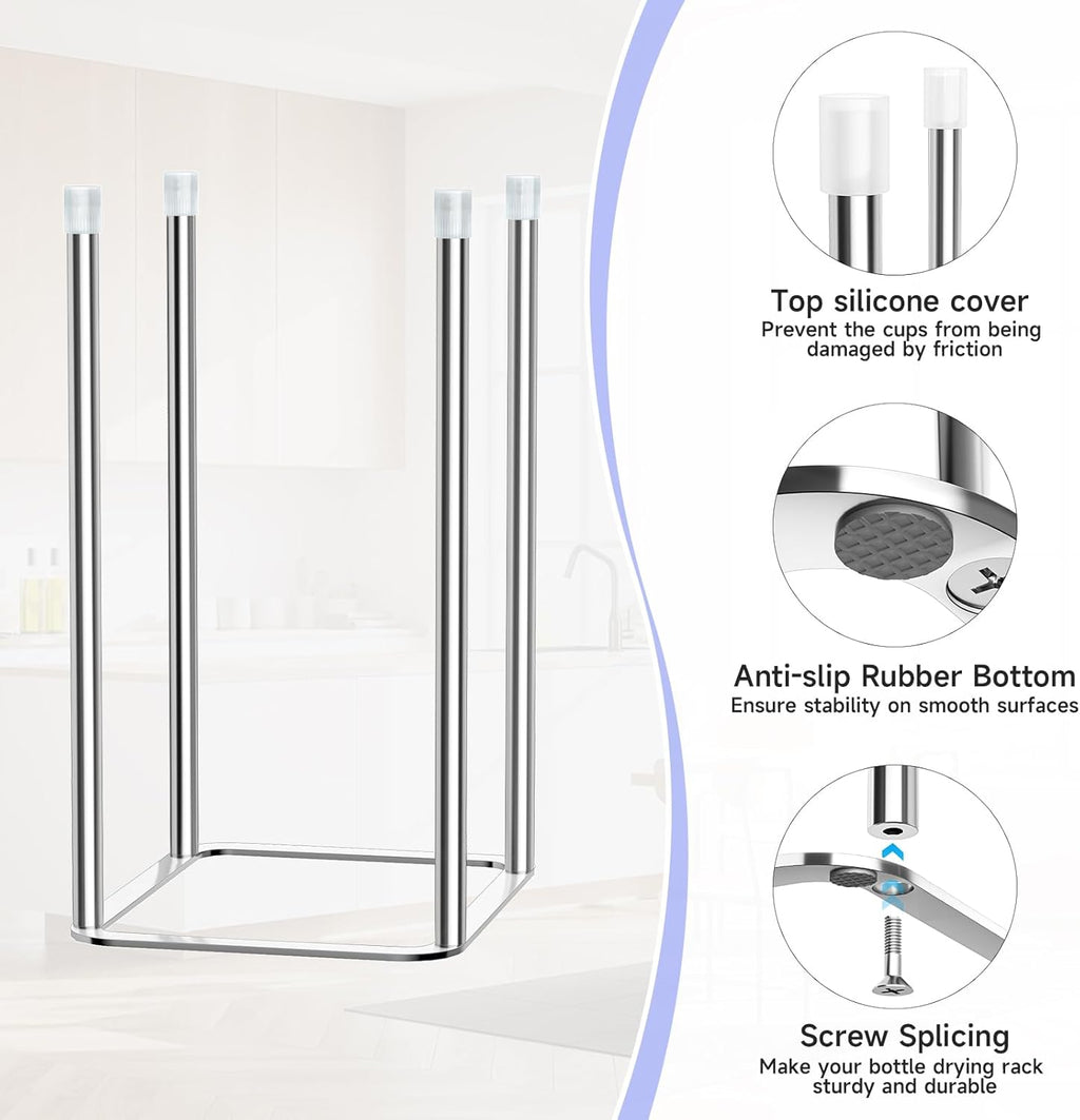 Water Bottle Drying Rack Reusable Bottle Rack Dryer Kitchen Stand Holder Stainless Steels Countertop Baby Bottle Drying Rack Water Cup Drying Rack for Plastic Bags, Bottles and Cups Silver
