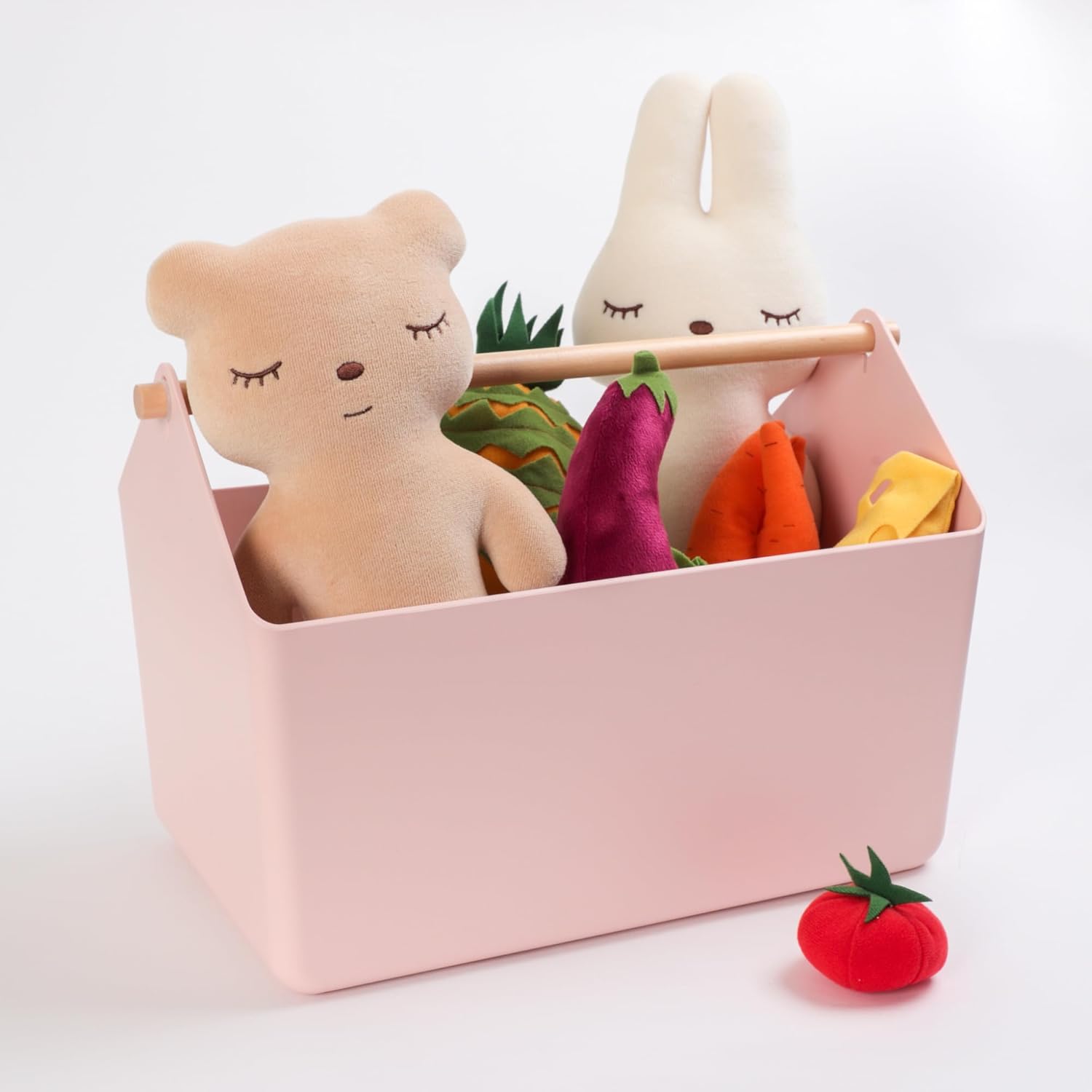 BLUE GINKGO Large Storage Basket – Plastic Caddy with Wooden Handle for Bathroom, Pantry, or Cleaning Supplies (Pink)