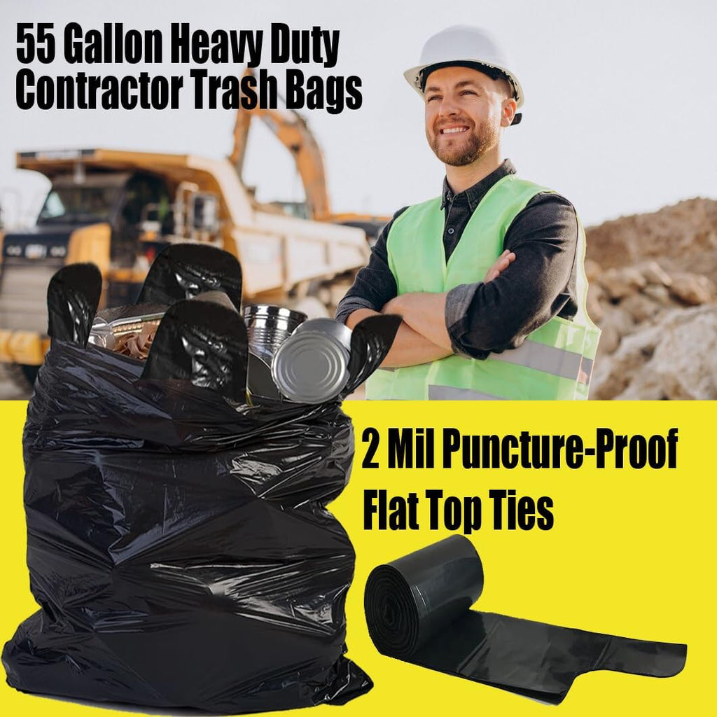 Contractor Heavy Duty Trash Bags 55 Gallon | 26 Count | 2 MIL | 36" X 56" | Large Black Flap Tie Construction Garbage Bags for Business Home Commercial, Industrial, Storage, Outdoor