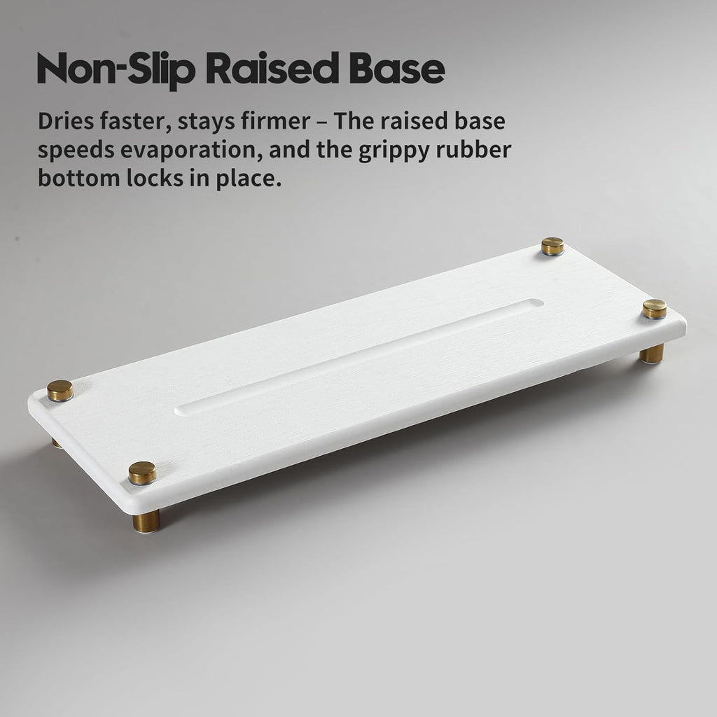 Water Absorbing Stone Sink Caddy Kitchen Sink Organizer Tray, Diatomite Bathroom Counter Tray, Gold Faucet Drying Mat Coaster Soap Dish Rack Riser Dispenser Sponge Holder, White 12.5" x 4.5"