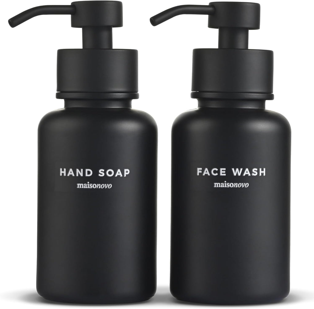 MaisoNovo Glass Foaming Soap Dispenser 14 Oz | Black Glass Black Pumps x 2