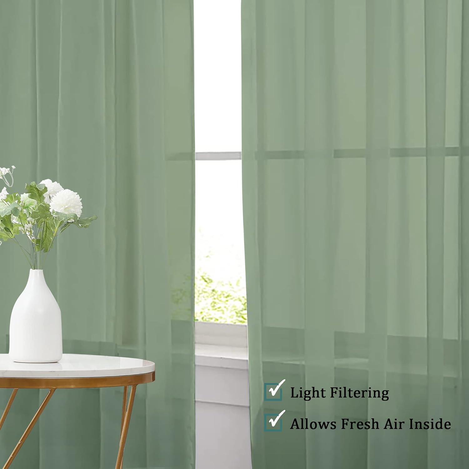 Chyhomenyc Living Room Sheer Curtains 96 Length 2 Panels Set for French Door, Gorgeous Window Decoration for Wedding & Party & Backdrop & Canopy, Sage Green, Each 42Wx96L in, 8 Feet
