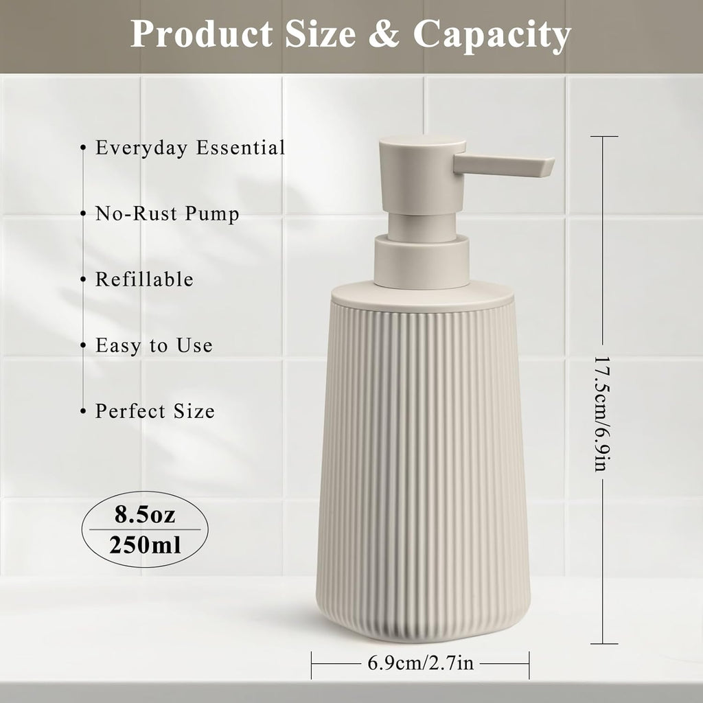 Beige 2 Pack Hand Soap Dispensers with No Rust Pump for Bathroom and Kitchen Countertops Refillable Striped Matte Plastic 8.5 oz