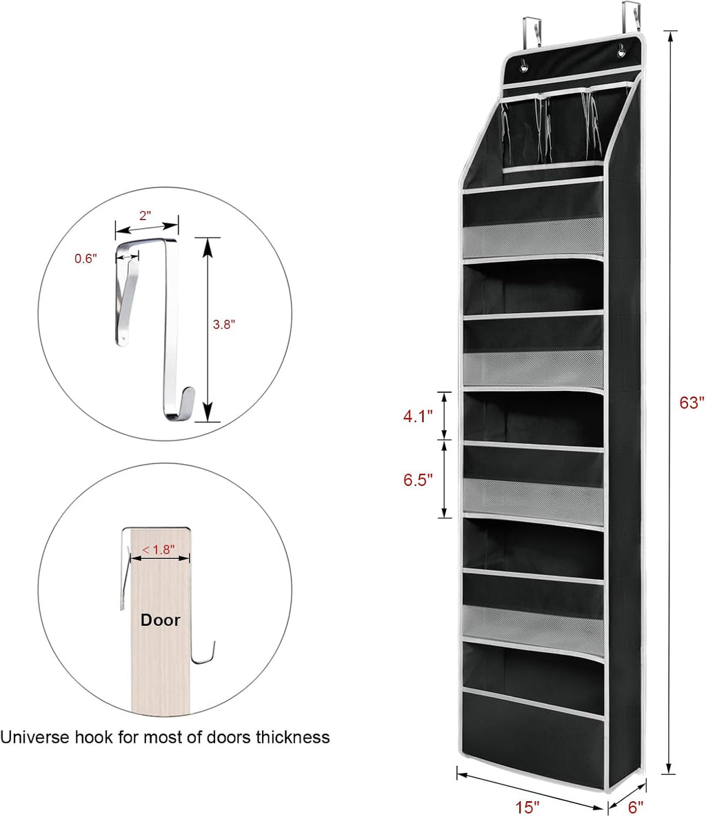 Univivi 6-Shelf Over Door Hanging Organizer Fabric Baby Door Storage with 5 Large Pockets and 3 Small PVC Pockets Wall Mount Hanging Storage Organizers for Baby Essential (Black)