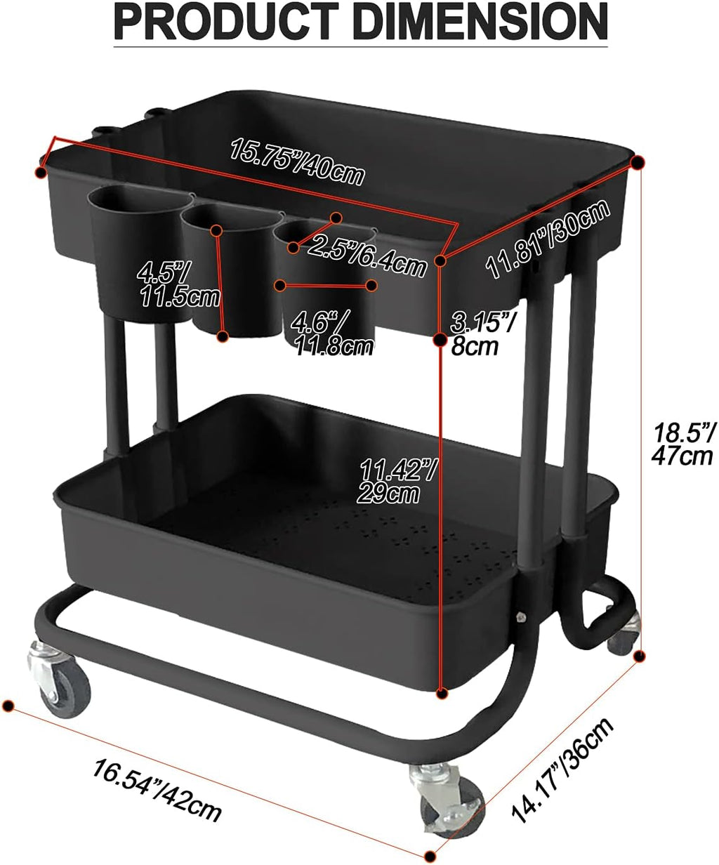 Melody House 2-Tier Utility Rolling Cart Storage Sofa Side Table with Wheels, Mobile Trolley Organizer with for Office Home Kitchen Organization, Black