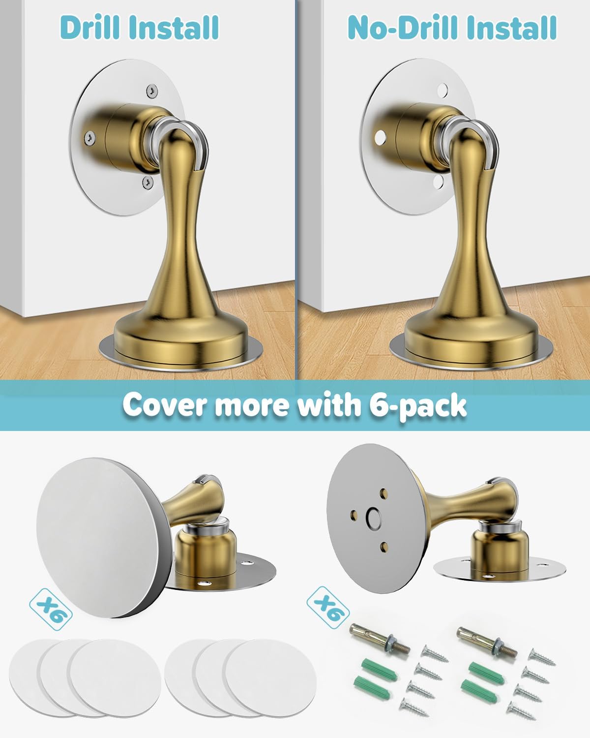 Door Stoppers Magnetic Door Catch - 6 Pack Stainless Steel Heavy Duty Door Stops for Bottom of Door, Wall & Floor Mounting No-Drill Strong Adhesive & Screws, Strong Door Holder to Keep Door Open,Gold