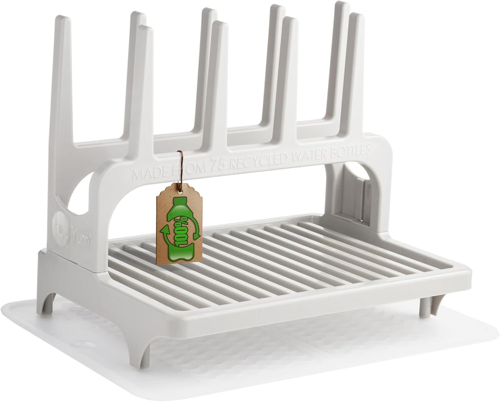 PopYum Seattle Gray Space Saving Drying Rack from 100% Recycled Bottles with Clear Frosted Silicone Drying Mat, countertop for Baby Bottle, Plastic Bags, Cups, Glass, tumblers, Compact