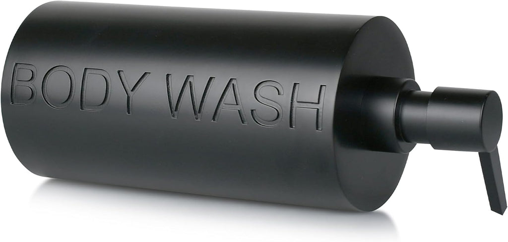 Matte Black Body Wash Dispenser Luxurious Refillable Pump Bottle with Embossed Text, Durable Construction for Bathroom and Shower