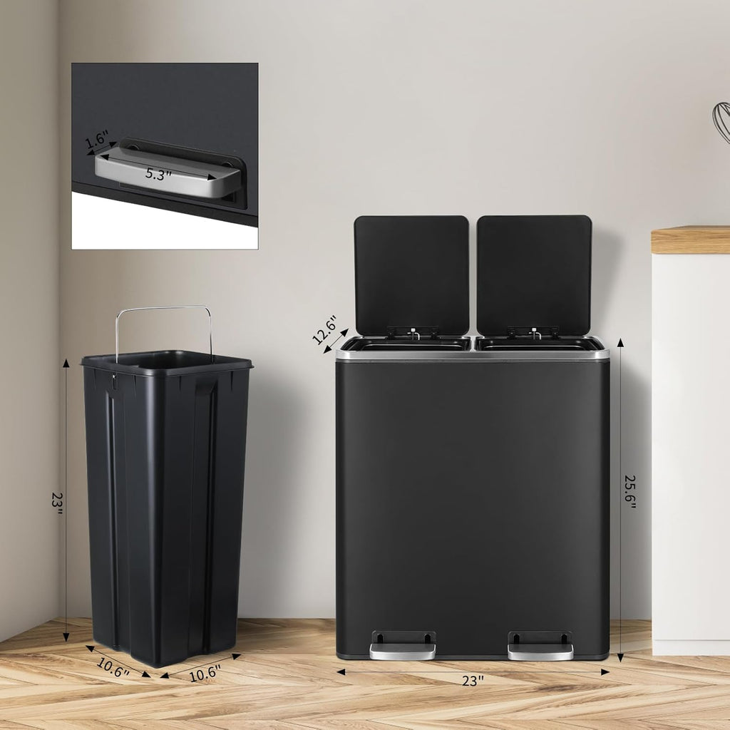 16 Gallon Rectangular Stainless Steel Trash Can, Dual Compartment Garbage Bin with Recycling Combo, Metal Dustbin Lid, Removable Liner, Indoor Hands Free Waste Bucket for Kitchen Home