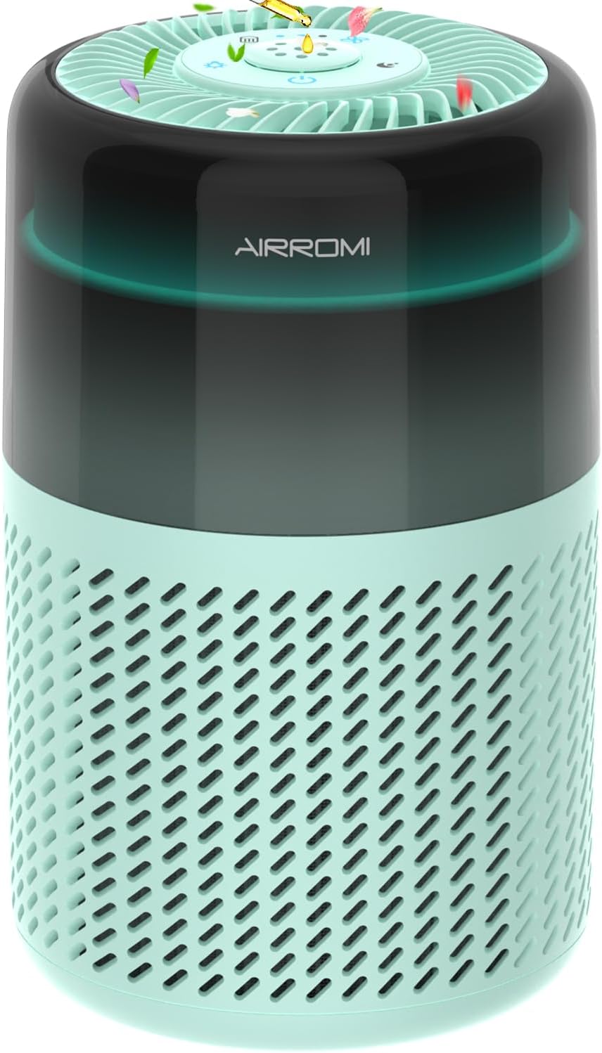AIRROMI Air Purifier for Bedroom Home,HEPA Filter,Covers Upto 549 Ft²,Quiet 360°intake Air Cleaner with Fragrance ponge for Better Sleep,Night Light,Filters Smoke,Pet Dander,Allergies,Dust,A2005Turquo