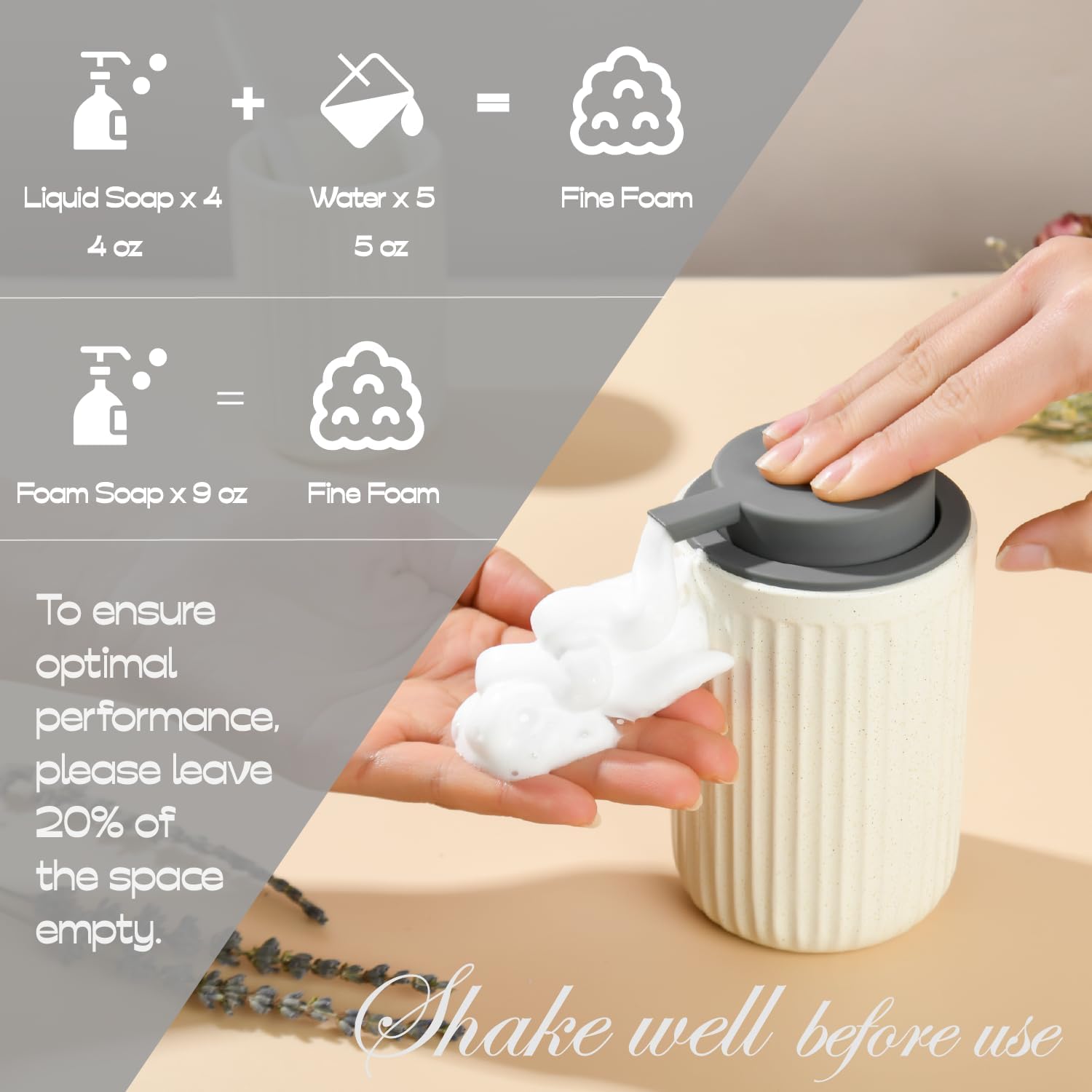 Beige Ceramic Foaming Soap Dispenser 2 Pack, Speckled Rippled 12 oz Bottle with Gray Silicone Pump, Foam Dispenser for Kitchen or Bathroom, Speckled Beige