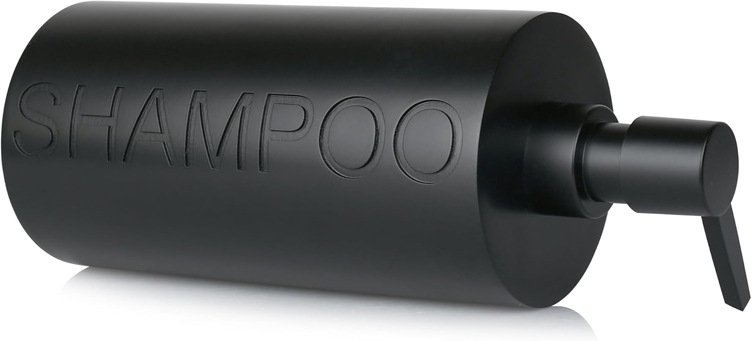 Matte Black Shampoo Dispenser Modern Refillable Pump Bottle with Embossed Text, Durable Resin Construction for Bathroom and Kitchen