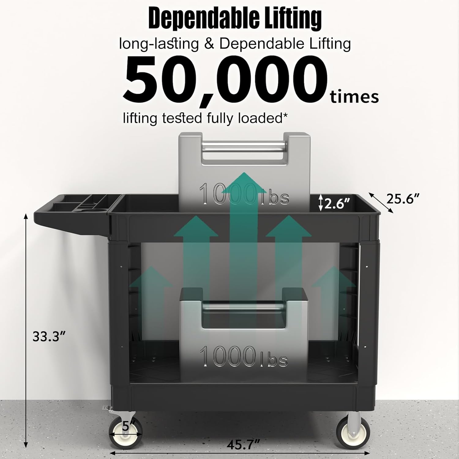 Utility Cart on Wheels, 1000 lbs Capacity Rolling Service Cart, 45 x 25 Inch Work Carts, 2 Shelf Heavy Duty Plastic Tool Cart, Lipped Shelves, for Warehouse, Garage, Cleaning, Black