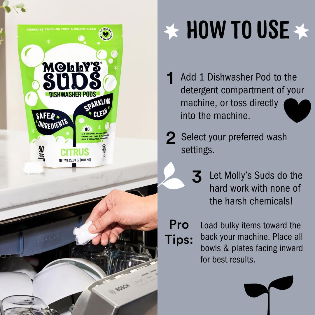 Molly's Suds Dishwasher Pods | Clean Dishwasher Detergent, Cuts Grease & Rinses Clean (Residue-Free) for Sparkling Dishes | 120 Auto-Release Tabs (Unscented)