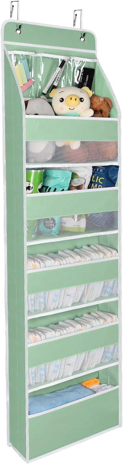 Univivi 6-Shelf Over Door Hanging Organizer Fabric Baby Door Storage with 5 Large Pockets and 3 Small PVC Pockets Wall Mount Hanging Storage Organizers for Baby Essential (Green)