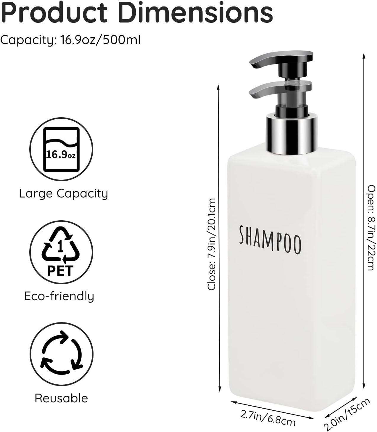 Segbeauty Square Soap Dispenser Refillable, 3pcs 16.9oz Plastic Pump Bottles, 500ml Empty Reusable Modern Bathroom Kitchen Liquid Container Set for Dispensing Shampoo Conditioner Body Soap White