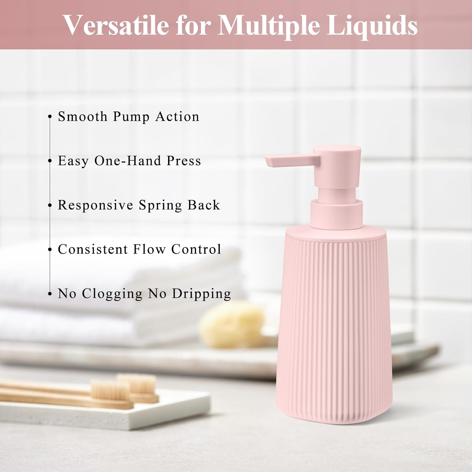 Pink 2 Pack Hand Soap Dispensers with No Rust Pump for Bathroom Kitchen or Vanity Countertops Refillable Striped Matte Plastic 8.5 oz Cute Design for Girls Room Decor