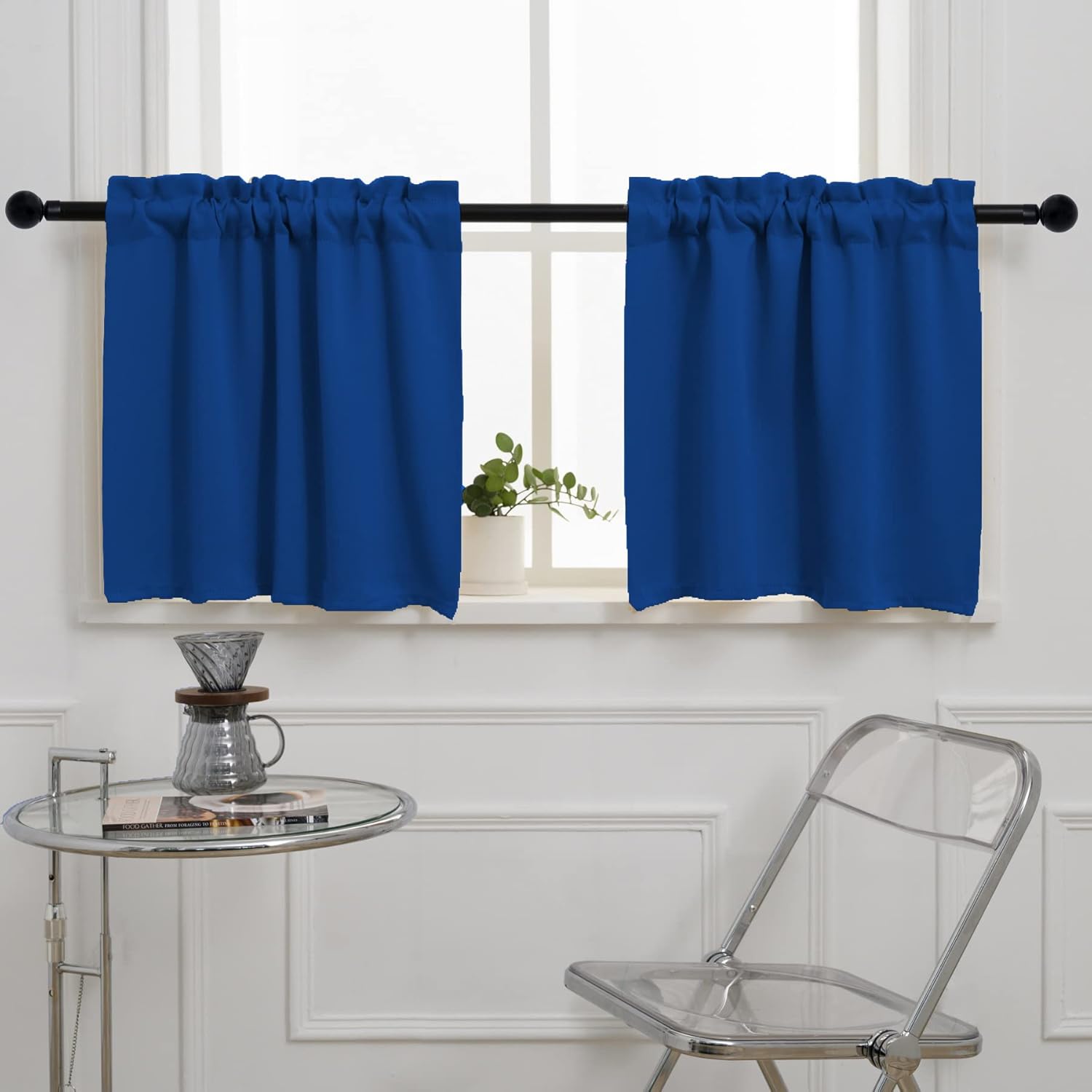 Pickluc Cafe Curtain (Half Window Tier Curtain) 36 Inches Long, Rod Pocket Kitchen Curtain, Short Blackout Curtain for Small Window, 2 Panels, 30" Wide and 36" Length, Blue