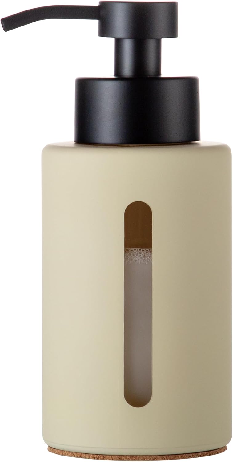 Enra Glass Lotion Dispenser with Window,12oz Bathroom Soap Dispenser Stainless Steel Lotion Hand Pump, Boho Liquid Soap Dispenser Countertop Lotion Bottle for Bathroom(Beige)