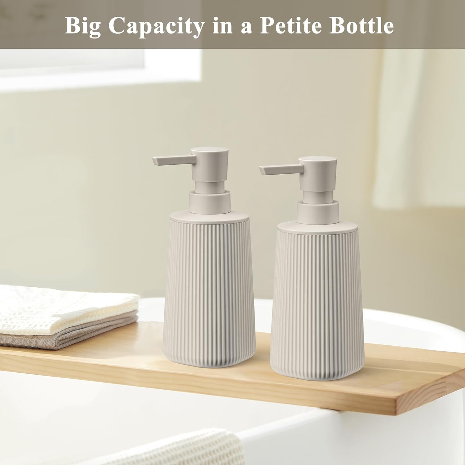 Beige 2 Pack Hand Soap Dispensers with No Rust Pump for Bathroom and Kitchen Countertops Refillable Striped Matte Plastic 8.5 oz