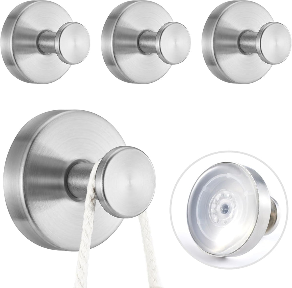 4 PCS Suction Cup Hooks for Shower, Stainless Steel No Drill Suction Towel Hooks, Reusable Sticky Silicone Suction Cup Base for Bathroom Wall, Glass, Mirror, Tile to Hang Loofahs, Robes (Silvery)