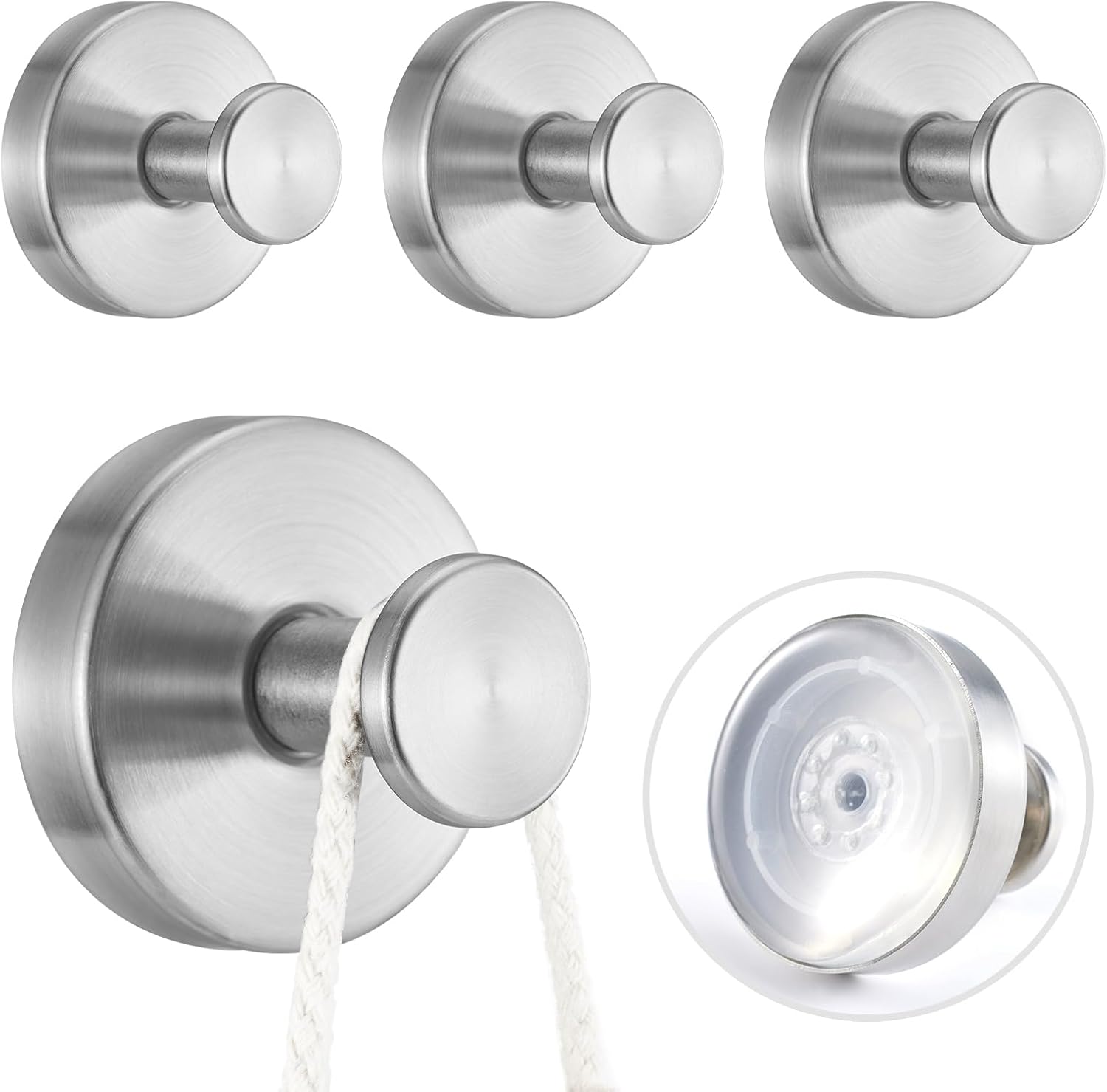 4 PCS Suction Cup Hooks for Shower, Stainless Steel No Drill Suction Towel Hooks, Reusable Sticky Silicone Suction Cup Base for Bathroom Wall, Glass, Mirror, Tile to Hang Loofahs, Robes (Silvery)