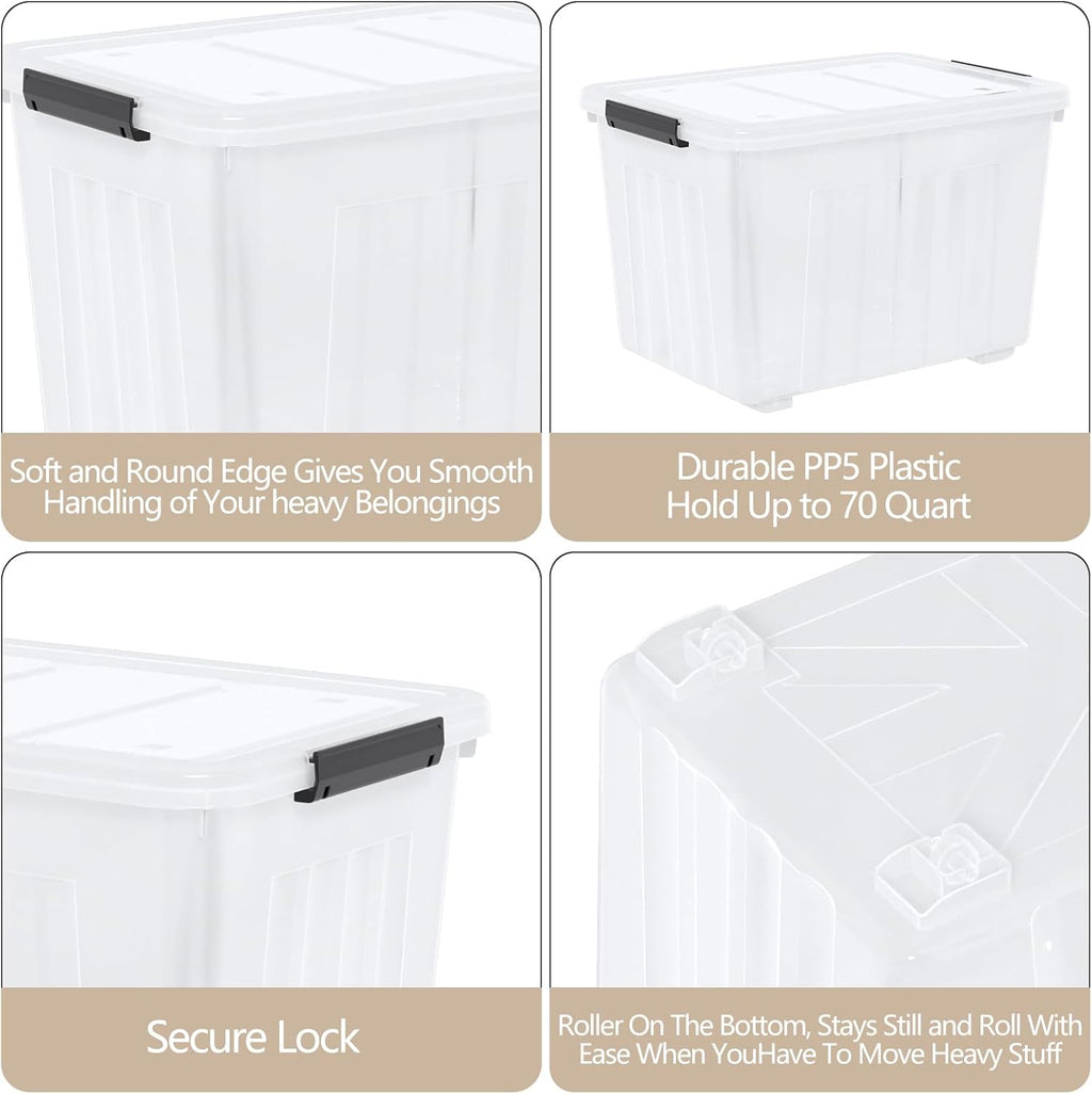Zopnny 70 Qt Large Plastic Storage Box with Wheel, Clear Storage Latch Box with Lid, 4 Pack