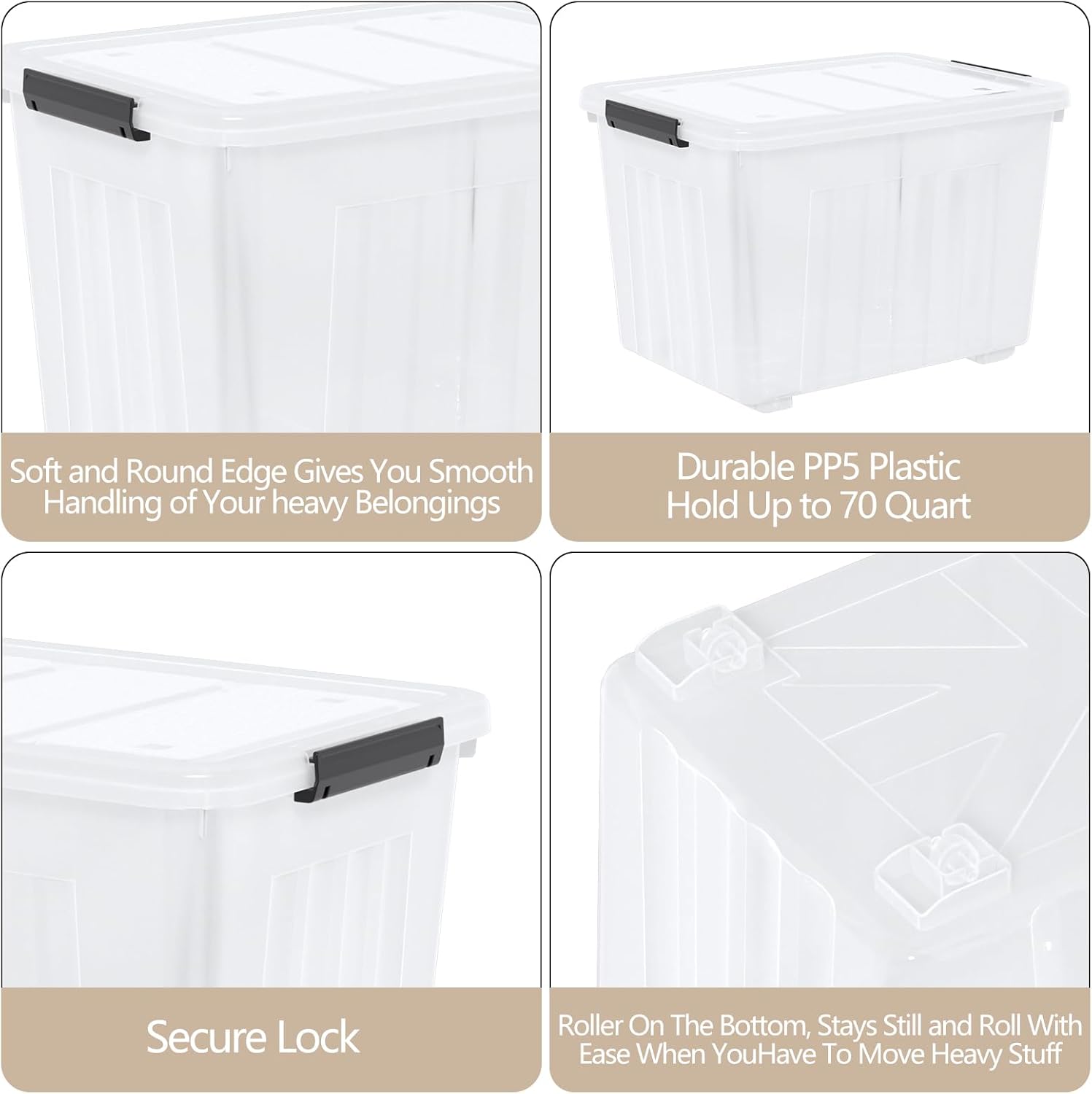 Zopnny 70 Qt Large Plastic Storage Box with Wheel, Clear Storage Latch Box with Lid, 4 Pack