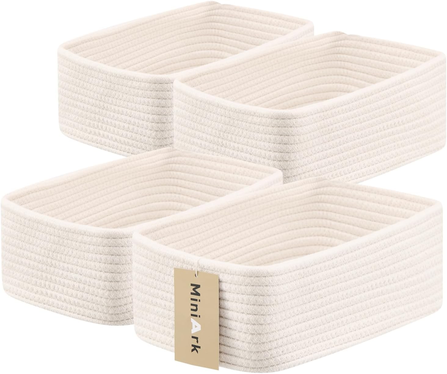 Small Storage Baskets for Organizing | Closet Organizer Bins | Shelf Toy Basket | Woven Rope Baskets | Cube Decorative Box | Shallow Basket | 11.5x7.5x4.7” | 4 Packs Off White