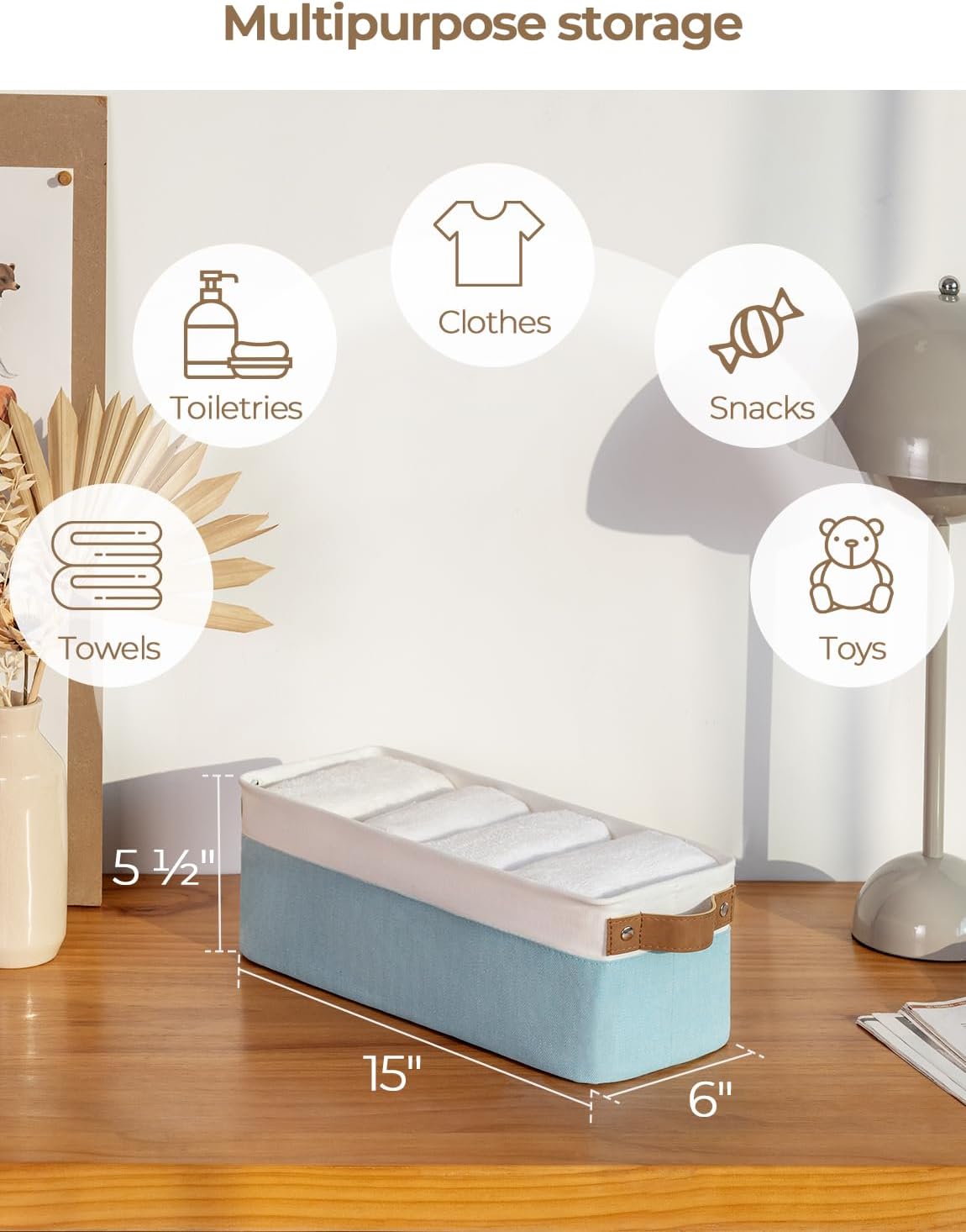 StorageWorks Narrow Storage Bins, Small Basket for Closet and Shelves, Fabric Organizer with Handles, Toilet Paper Storage, Light Blue and White, 2-Pack