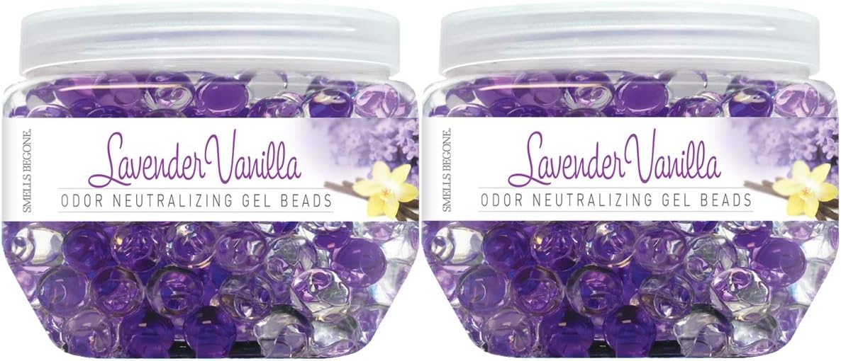 SMELLS BEGONE Odor Eliminator Gel Beads - 12 oz, Pack of 2 - Eliminates Odor in Bathrooms, Cars, Boats, RVs & Pet Areas - Air Freshener - Made with Essential Oils - Lavender Vanilla Scent
