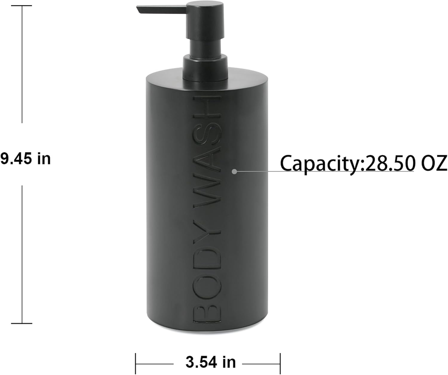 Matte Black Body Wash Dispenser Luxurious Refillable Pump Bottle with Embossed Text, Durable Construction for Bathroom and Shower