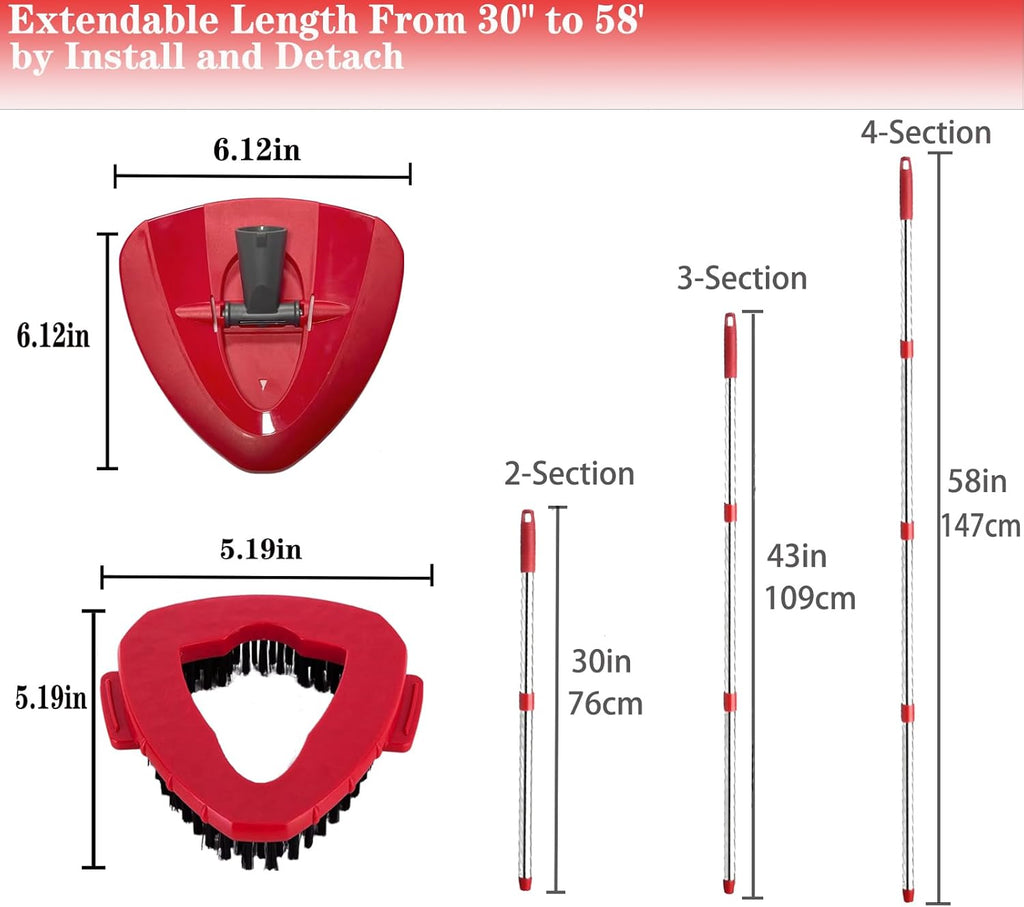 Spin Mop Replacement Handle and Mop Base Replacements for OCeda EasyWring 1-Tank Spin Mop System,4-Section Iron Mop Handle 30-58in and 1 Mop Base and 1 Scrub Brush Cover Set Combo, Red